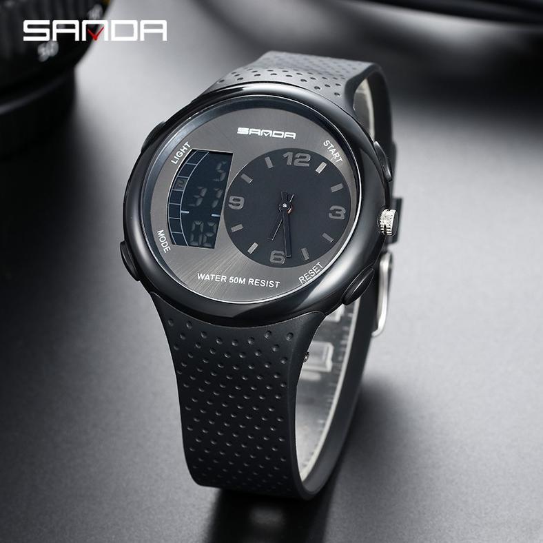 terbaru sanda 763 jam tangan pria digital analog tali rubber chronograph anti air