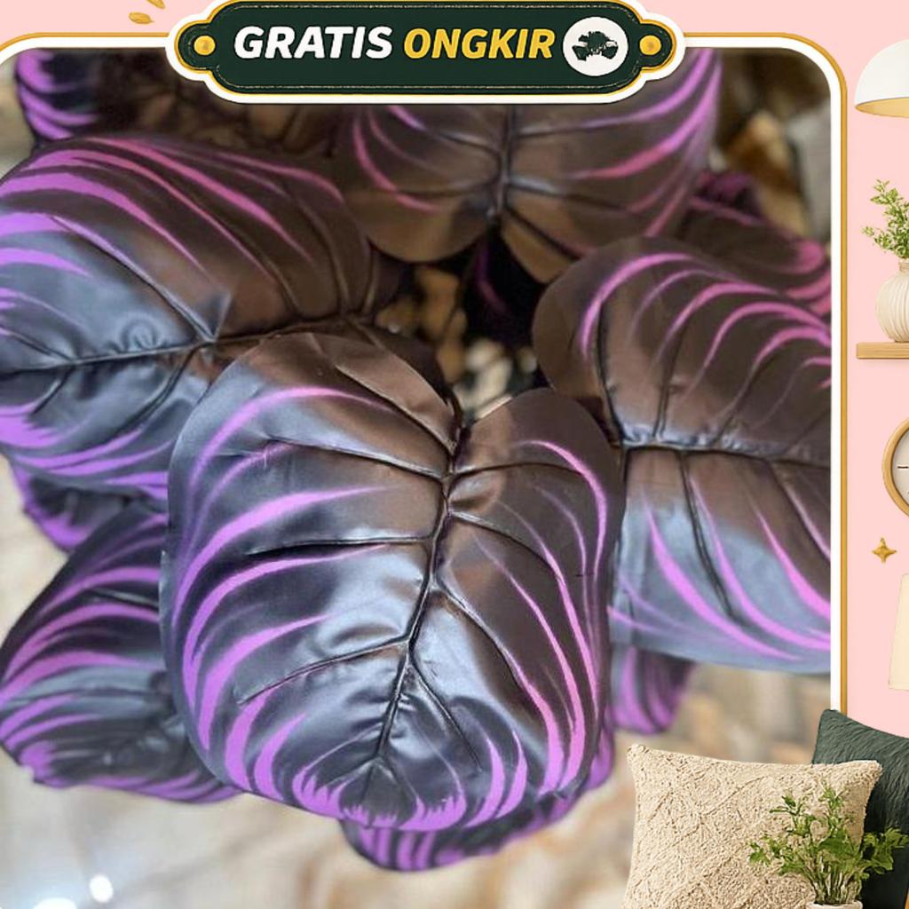 Tanaman Hias Artificial Keladi Ungu Tua Daun 18 Cabang + Pot Pirus