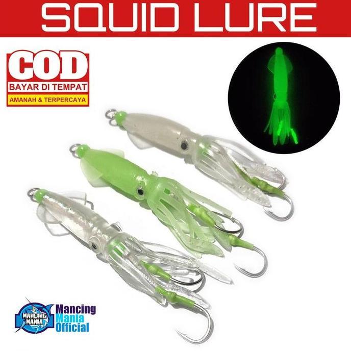 MANCING MANIA Umpan Pancing Menyala Cumi Karet Assist Hook Silikon Soft Lure Squid Silicone GID 10cm