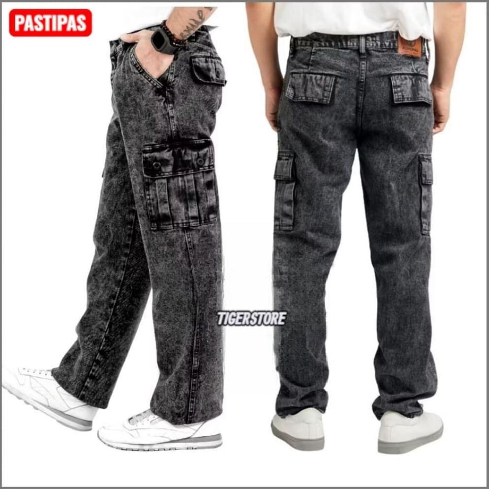 GARANSI LONG CARGO PANTS JEANS PRIA LOOSE FIT  NSTRECH REGULAR CARGO JEANS DENIM BLACK SANDWASH POPU