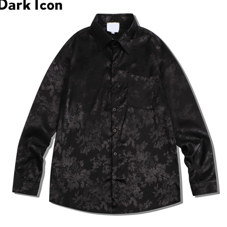 TERBARU Dark Icon Kemeja Eternal Hitam Bunga Pria Oversized Satin Kemeja Pria Lengan Panjang Shirts 