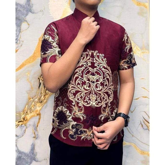 KEMEJA BATIK PRIA SLIM FIT MERAH / BAJU BATIK PRIA MERAH IMLEK LS539