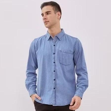 Free Ongkir Hillboss Kemeja Jeans Lengan Panjang Pria Biru Tua Casie  - Casual Denim Shirt Old Navy 