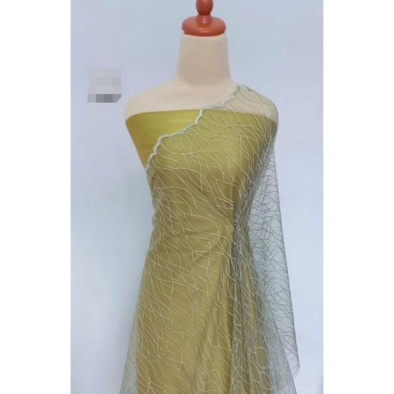 Paket Lengkap Kain Bridesmaid / Kain Satin Velvet Premium Lime + Brukat Tile Soft Green