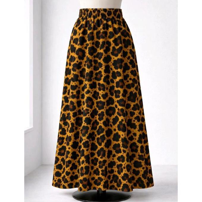 ROK PANJANG WANITA A-LINE MOTIF LEOPARD BAHAN WAFEL PINGGANG FULL KARET UKURAN ALL SIZE  Bahan Jatuh