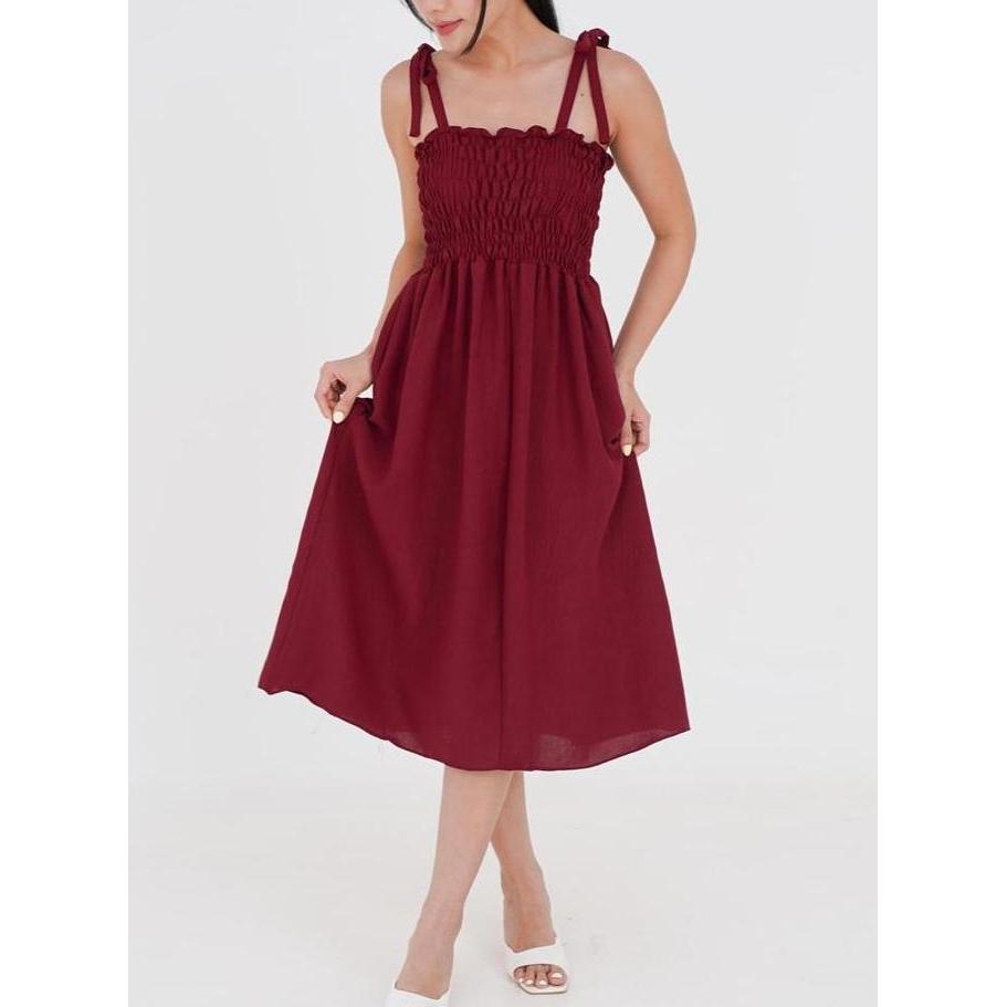 Midi Dres Smock Full Karet Dada / Dres Wanita Kekinian Korea Style Allshop