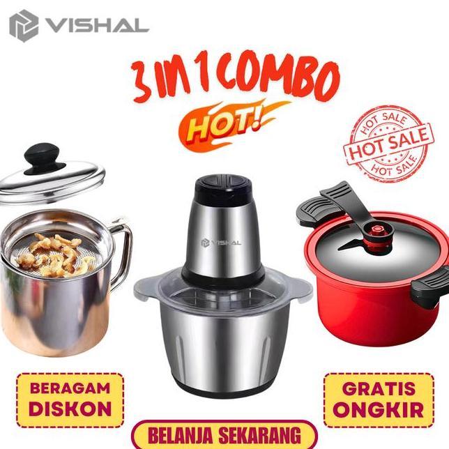 Vishal Combo Spesial 3 In 1 Blender Daging Penggiling Chopper Stainless Oil Pot Wadah Penyaring Panc