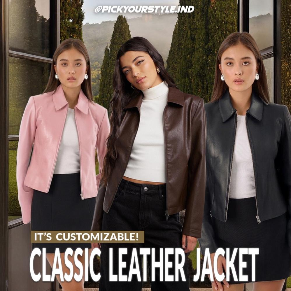 DISKON Jaket Kulit Wanita Brown Korean Minimalis S-XL