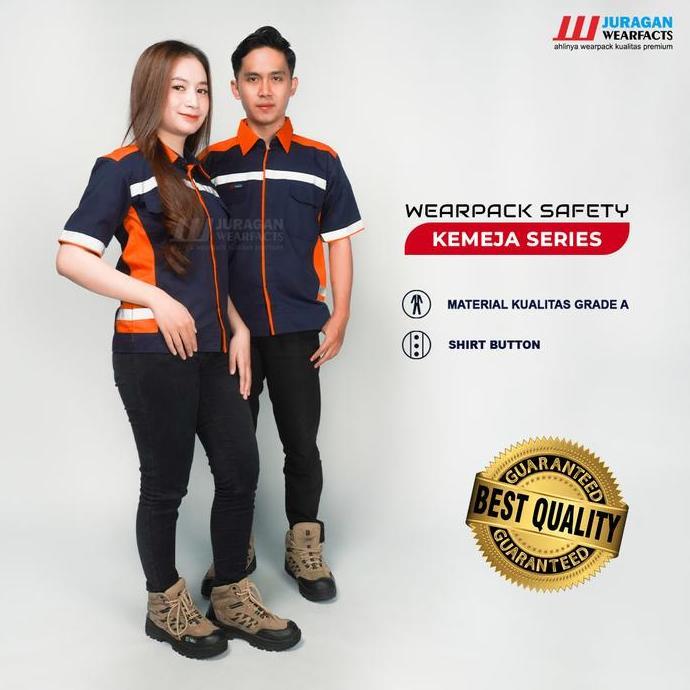 [Cod] Baju Wearpack Safety Seragam Kerja Pria Wanita Lengan Pendek Warna Orange Kombinasi Biru Navy 