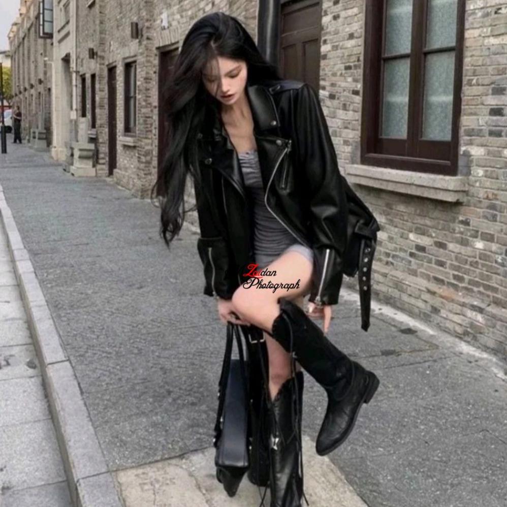 favorit jaket wanita vintage kulit sintetis basis ramones punk leather korean style terbaru