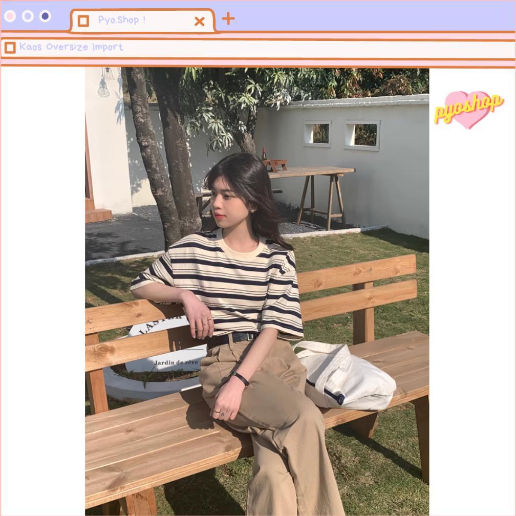 official kaos stripe oversized import wanita bordir korean
