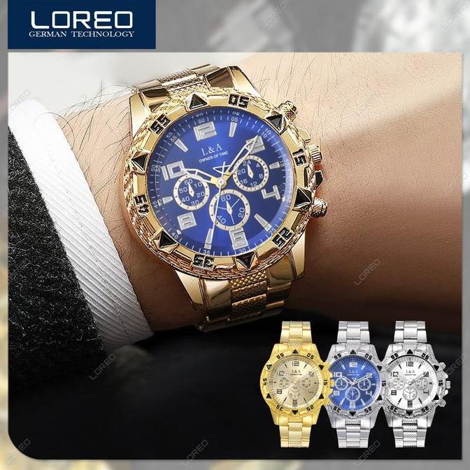 LOREO Jam Tangan Pria Mewah Desain Eropa / Jam Tangan Cowok Chronograph