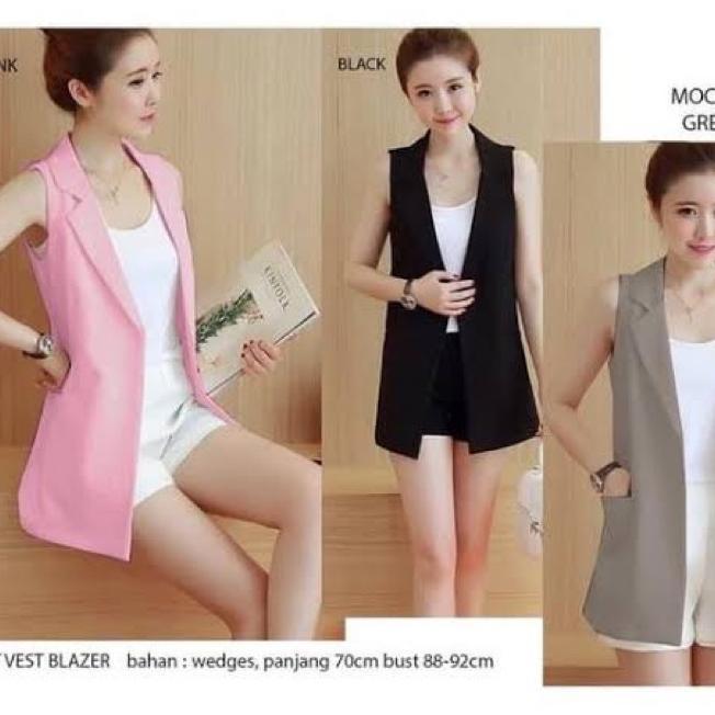 Outer Vest Blazer Berkantong Premium/ Blazer Tanpa Lengan Wanita / Rompi Long Vest Blazer Hitam Puti