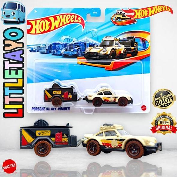 Hot Wheels Track Fleet Porsche 911 Off Roader Cream Diecast Truck Derek Transport Trailer Hauler