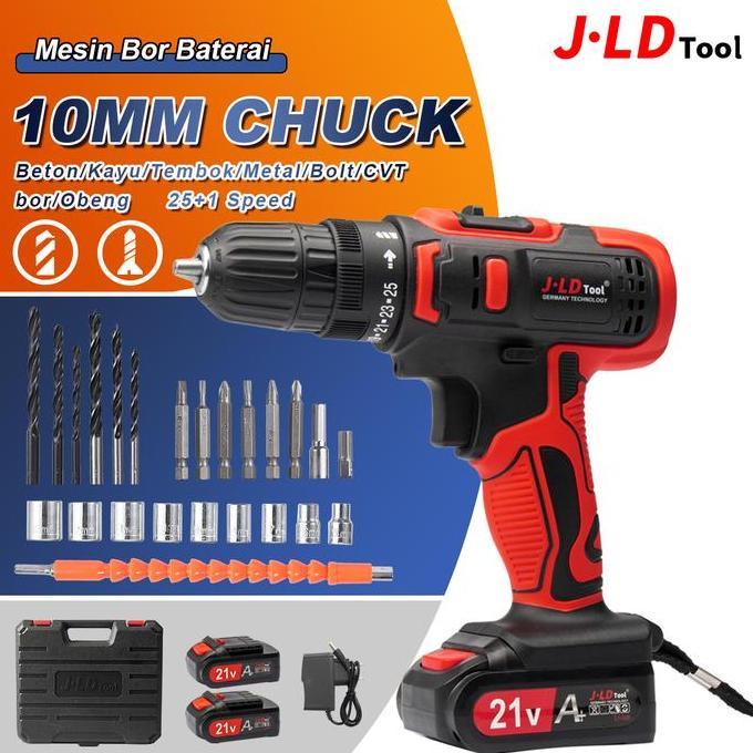 Jld Mesin Bor Baterai 21V 10Mm Cordless Drill Variable Speed 25+1 Torque Setting Bor Beton Kayu Temb