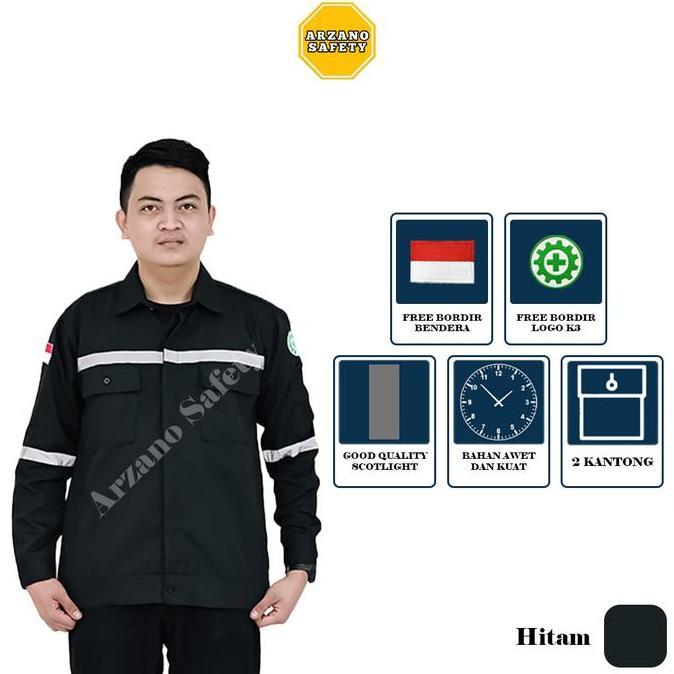 Wearpack Atasan Kemeja Safety Baju Safety Pria Lengan Panjang Baju Kerja Merah Hitam