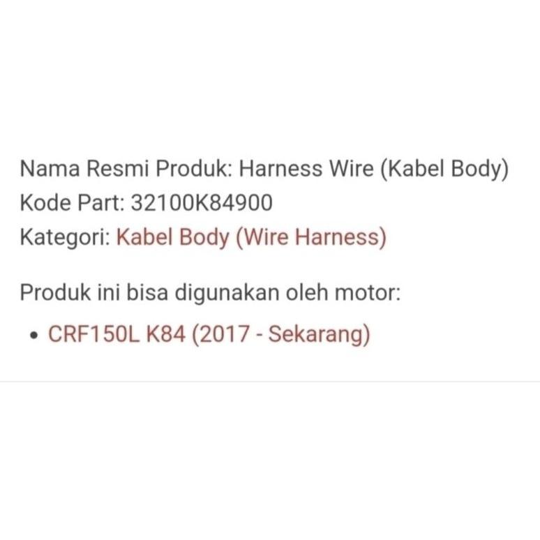 Kabel cable Body bodi Harness Wire Honda CRF 150L - crf150L - crf 150 L Original Distributor Sparepa