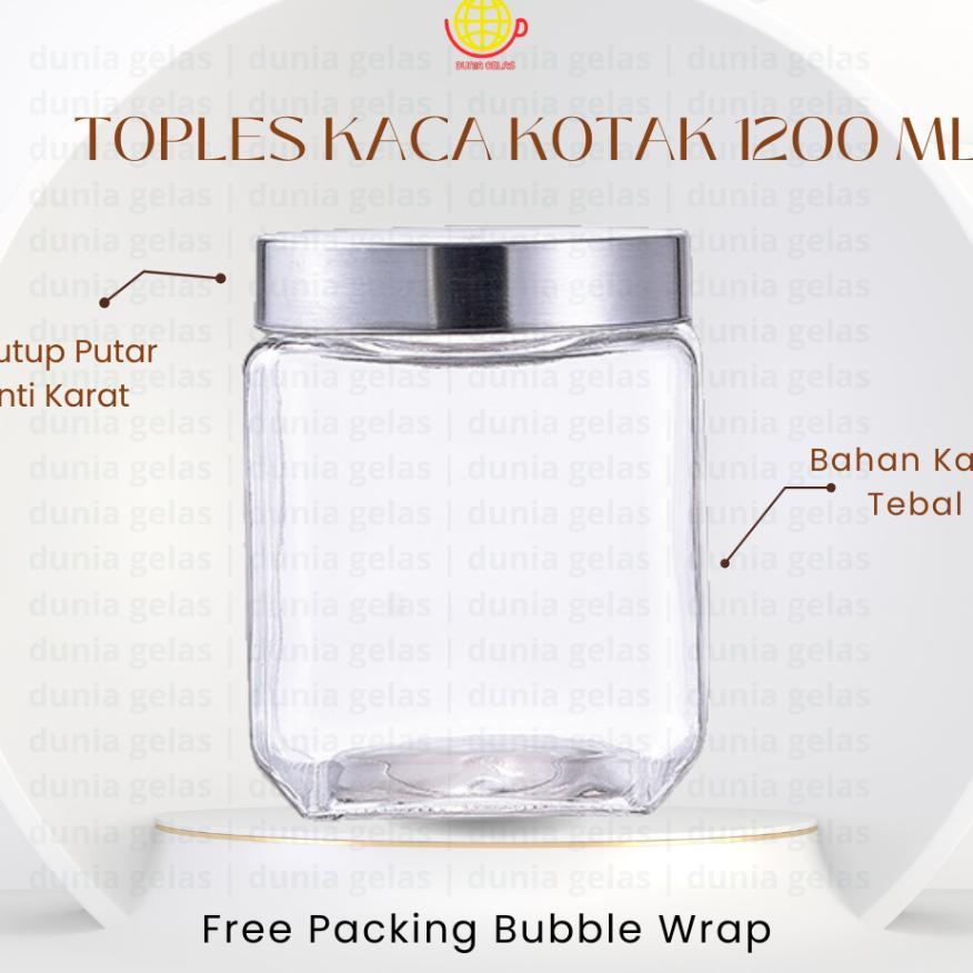 Toples Kaca Kotak 1200 Ml/Toples Kacang/Toples Kaca 1,2 Liter/Toples Nastar/Toples Lebaran/Hampers L
