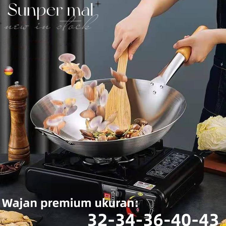 Wajan Wok Penggorengan Stainless Steel Gagang Kayu
