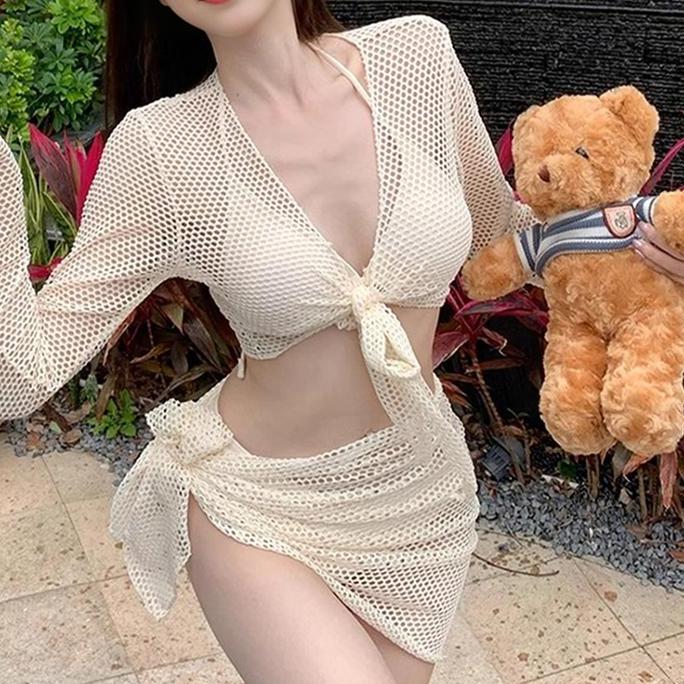 Baju Renang Rajutan Lengan Panjang p-piece Set Wanita Bikini Seksi Gaya Liburan Smock