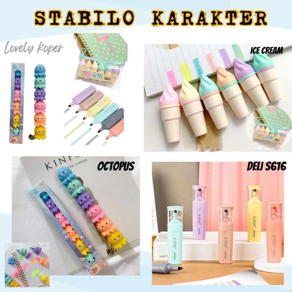 Stabilo Deli Stabilo Highlighter Set Karakter Lucu Alat Tulis Korea Impor Ubur Ubur Gurita Octopus E