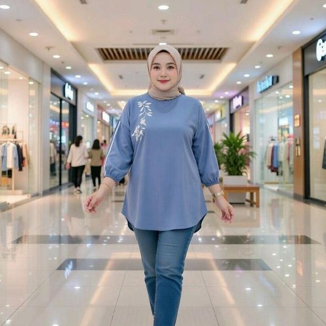 Kaos Wanita Lengan Kerut Oversize Gambar Bordir Bawahan Oval Atasan Wanita Jumbo Size Fashionable