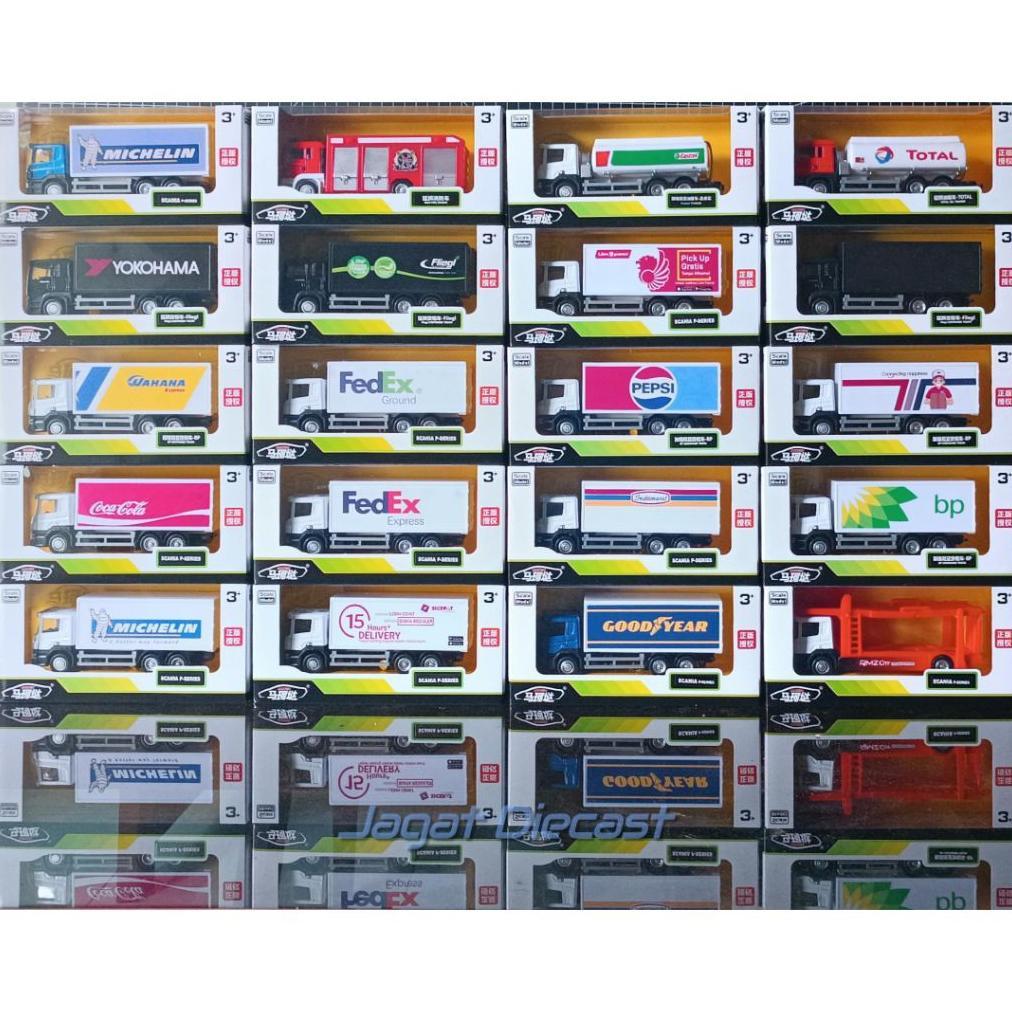 RMZ Scania Mainan Mobil Mobilan Truk Kargo Box Kurir JNE si Cepat Wahana Fedex Castrol Cargo Jagat D
