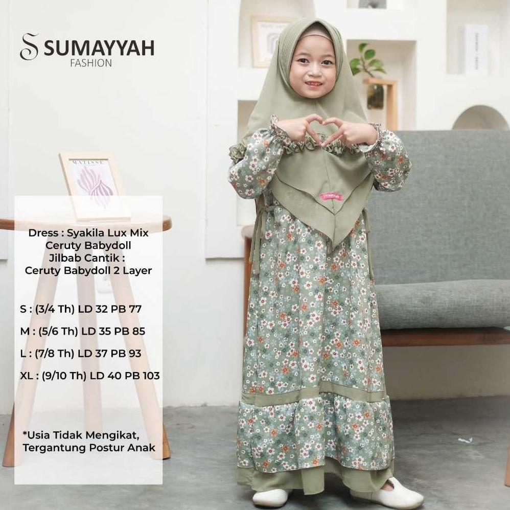 Diskon Gamis Dress Muslimah Anak Khumaero Syar'I Bahan Shakila Motif Bunga Set Plus Jilbab Ceruty Ba