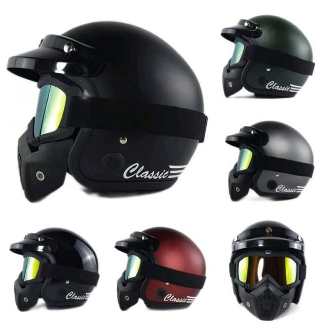 Helm Retro Google Mask Kaca Mata - Helm Motor Cafe Rr Japstyle Vespa SNI Dewasa Cewek Cowok Keren