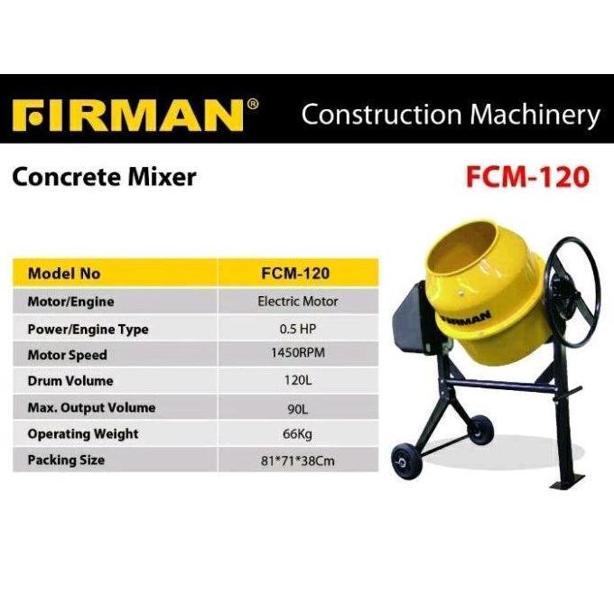 Terlaris Mesin Molen Mini Listrik Firman Fcm120 / Pengaduk Semen 120L Firman / Concrete Mixer Dinamo