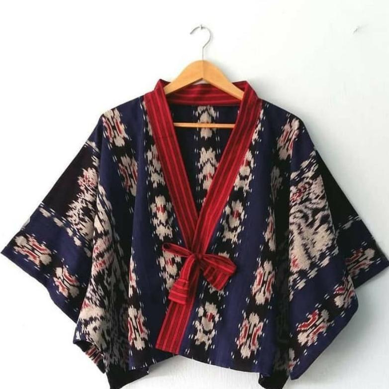 Disc Batwimg Blazer Outer Atasan Wanita Batik Tenun Mix Lurik Ethnic Navi