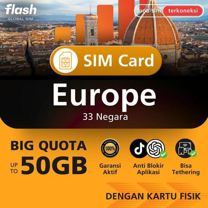 Flash SIM Card Eropa 33 Negara 3GB-50GB Big Data (Simcard Europe, Simcard Spain, Simcard UK, Simcard