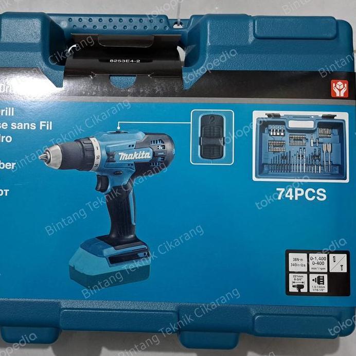 Makita DF488D005 bor cordless 18V DF 448 D005 baterai 18volt 74pcs acc