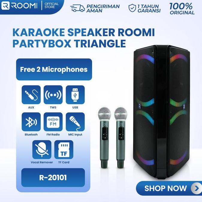 Terlaris Roomi Partybox Triangle 10 Inch Karaoke Speaker 4X Sound Power Full Bass Treble Wireless Bl