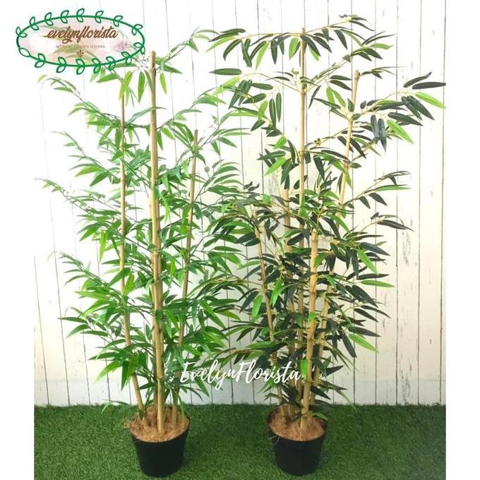 Pohon Daun Bambu Hijau Kuning Latex Artificial Pot Dasar Plastik Unik