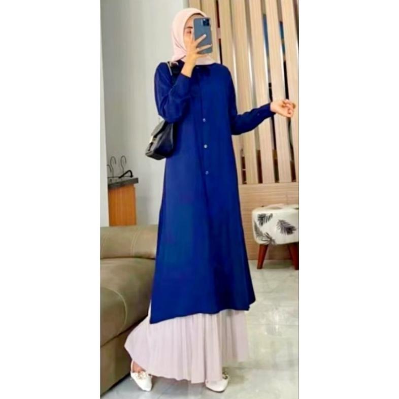 flash sale gamis tunik biru lengan panjang allsize standard ld 110 allsize jumbo ld 120 terbaru