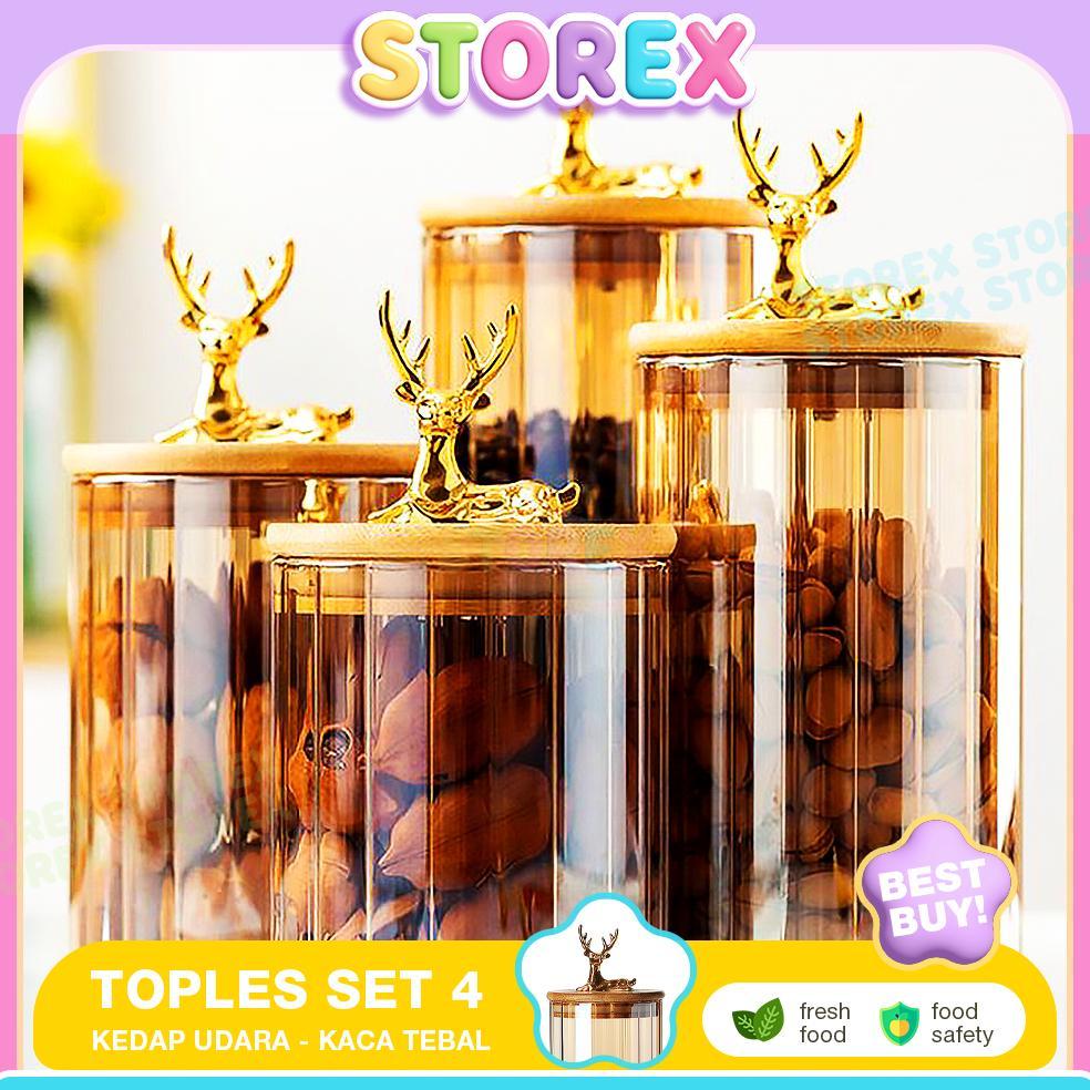 Storex Toples Kue Toples Kaca 1 Set Kedap Udara Isi 4 Pcs Ornamen Rusa Gold Serbaguna Toples Lebaran