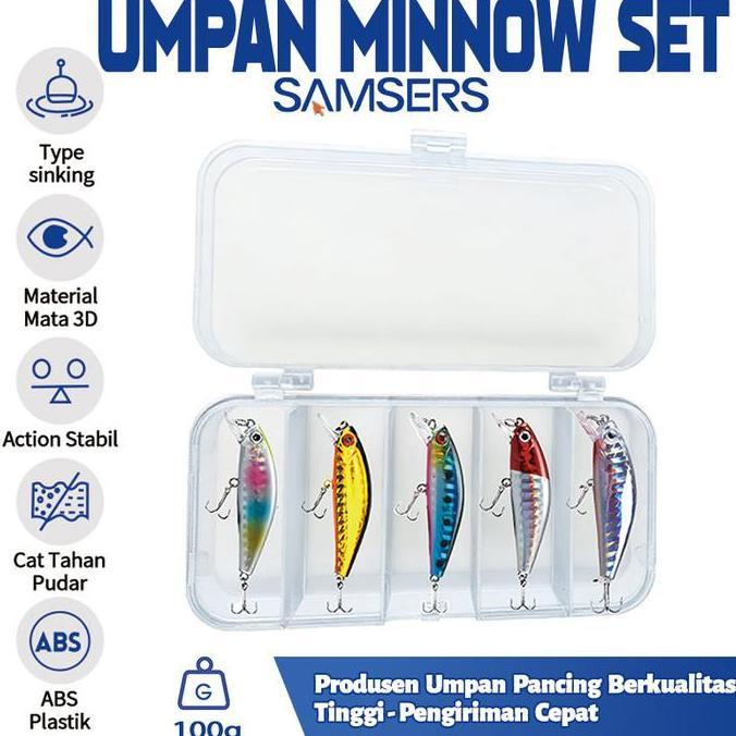 Samsers Outdoor Umpan Pancing Minnow Sinking 5.5cm/6g 5pcs Set 5 Warna Mata Tajam BKB untuk Casting 