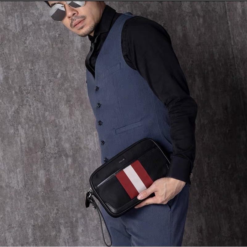 [Authentic 100%] Tas Bally Men Caliros Clutch Bag Black Stripes