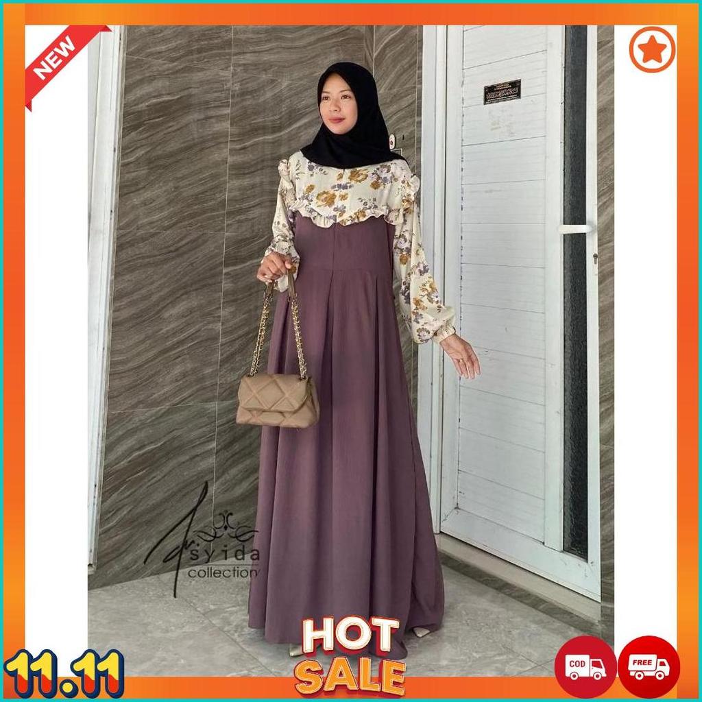 New Dress Crinkle Motif Bunga Gamis Crinkle Motif Kombinasi Model Terbaru Dress Premium [G4]