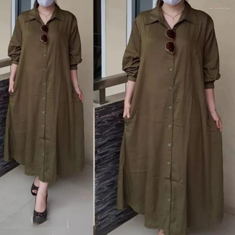 New Nadia Long Dress Tunik/Dress Tunik Ful Kamcing Terbaru/Tunik Premium Ful Kancing Kekinian Busui 