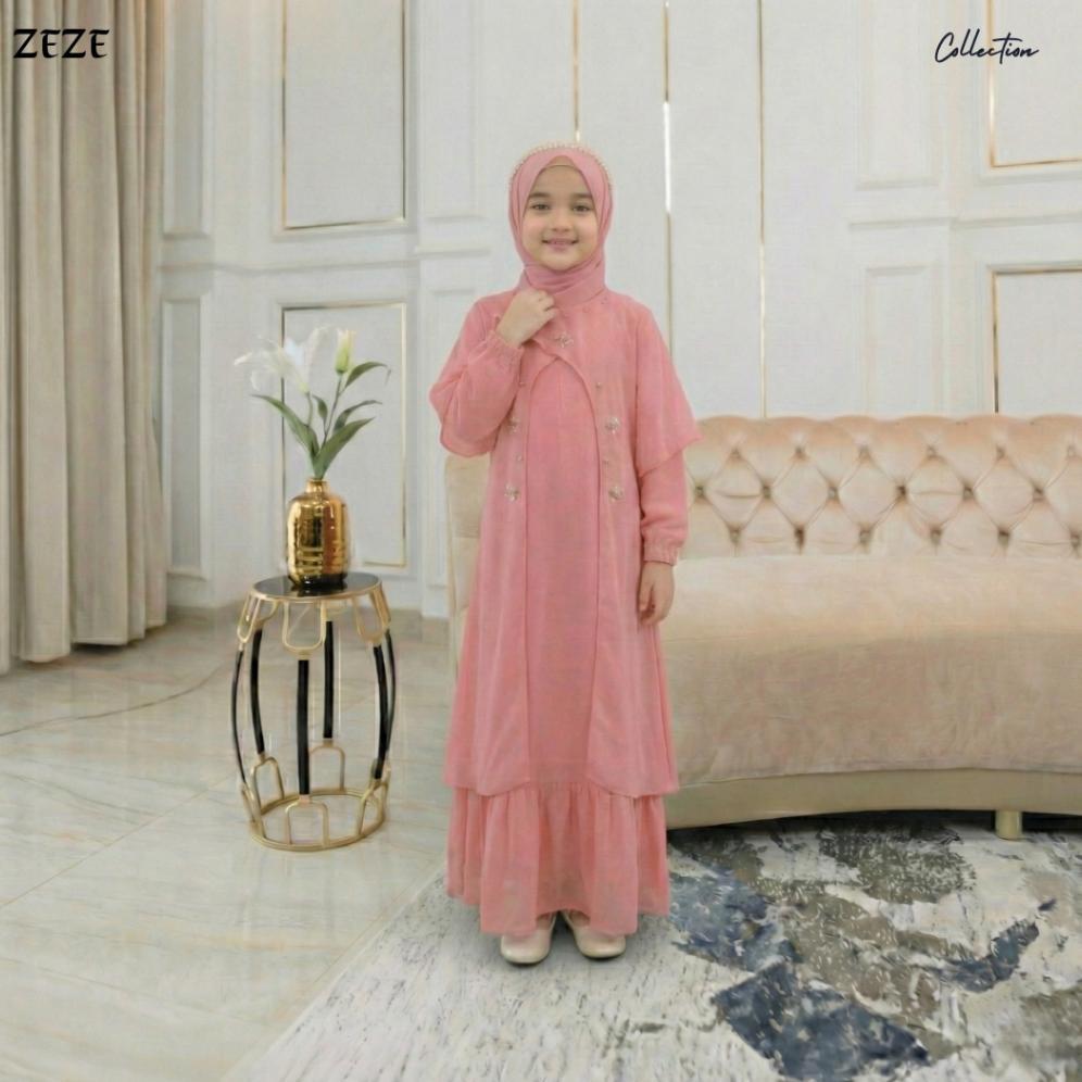 official zeze - satu set zhena dress anak warna mahoganny kerudung dan gamis ceruty babydoll payet m