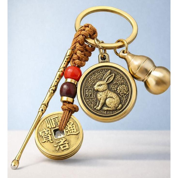 Gantungan Kunci Shio China Zodiak Tembaga - Edisi 12 Shio & Koin Keberuntungan Keychain Fengshui