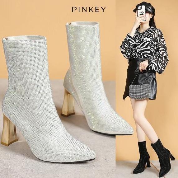 PINKEY P377 Sepatu Wanita Boot Import Korea Heels Hak Tinggi 7cm Model Boots Black Shoes Hitam