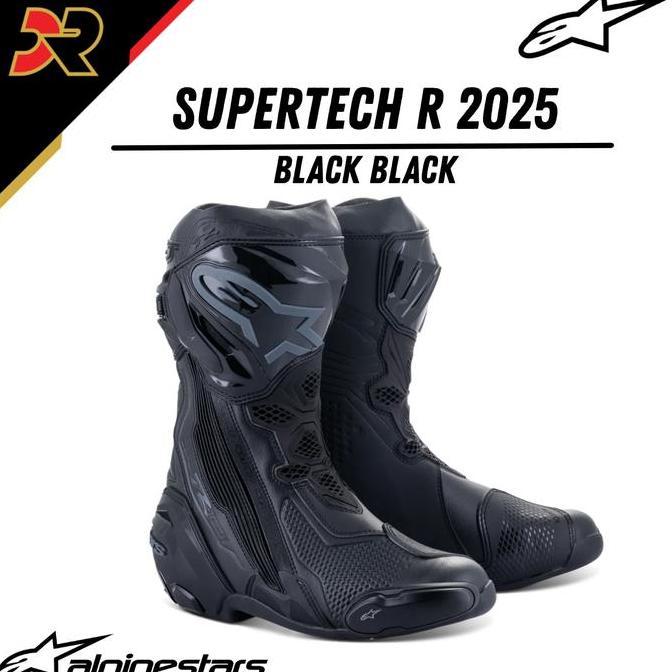 Alpinestars Supertech R 2025 Black Black Racing Boots Sepatu Balap terlaris