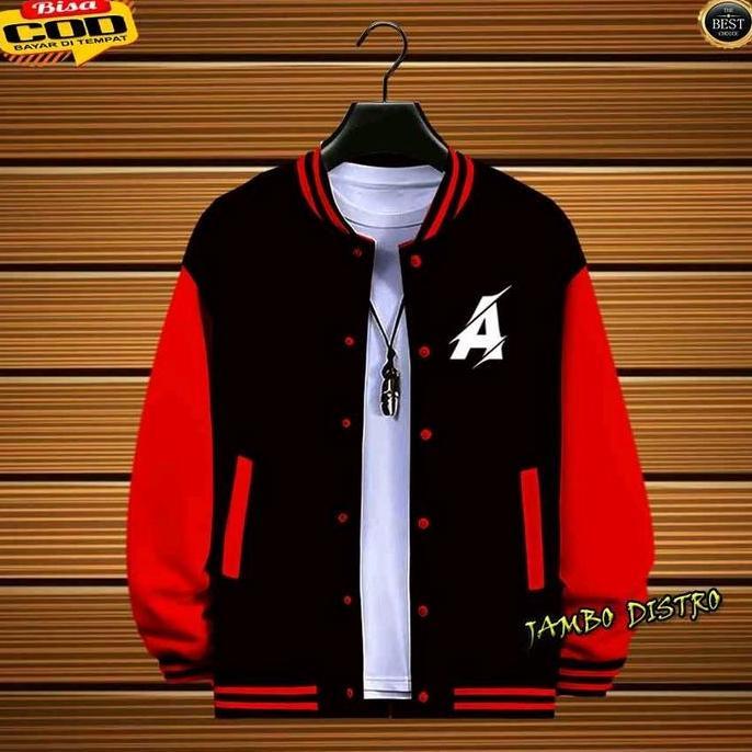 COD - Jaket Distro Varsity / Jaket Baseball Logo Font / Huruf Inisial A Text Putih Distro Fleece Cas