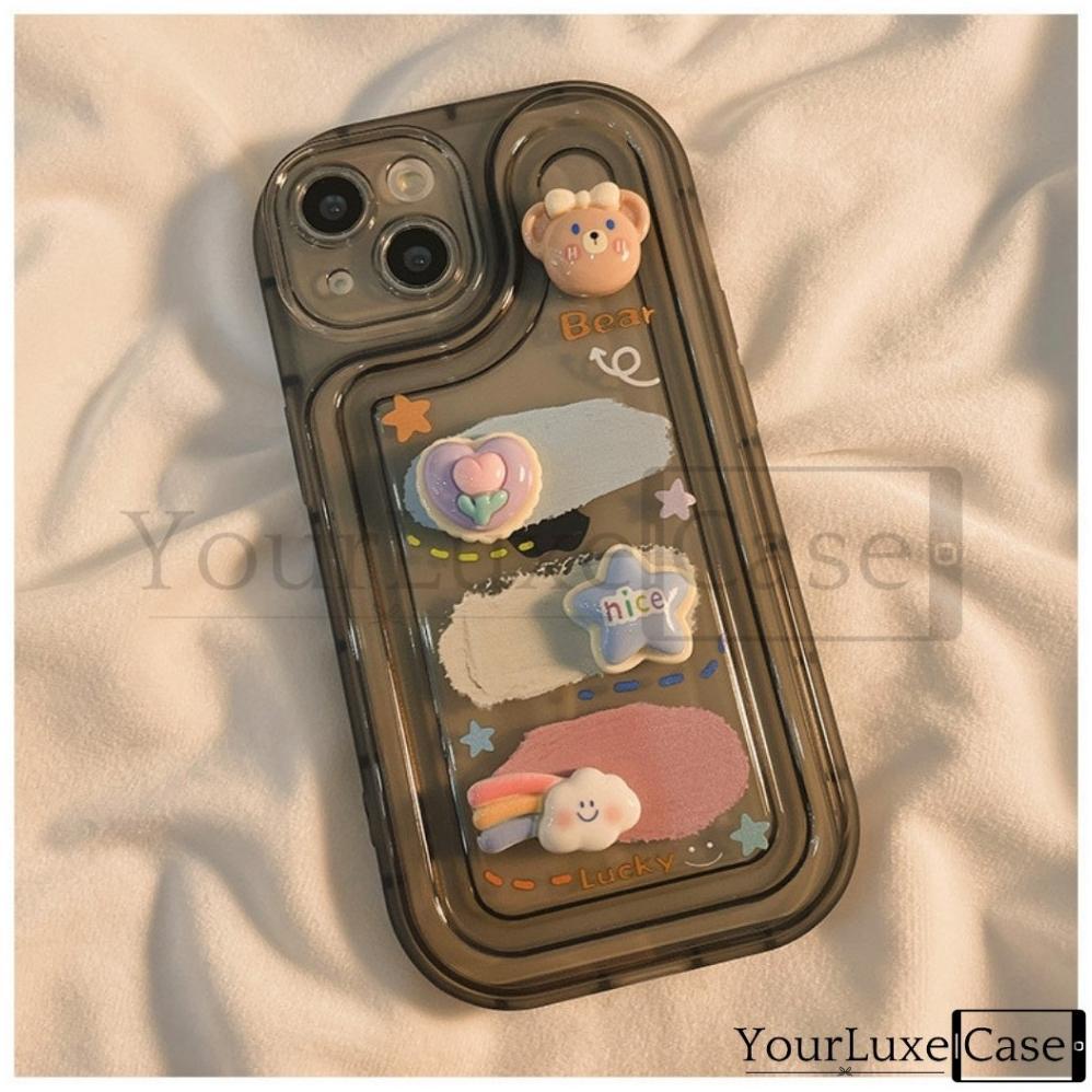 CUCI GUDANG 4D Fluffy Bunny and Bear Clear Case HP Casing iPhone 7 8 X XR XS 11 12 13 14 15 16 Plus 