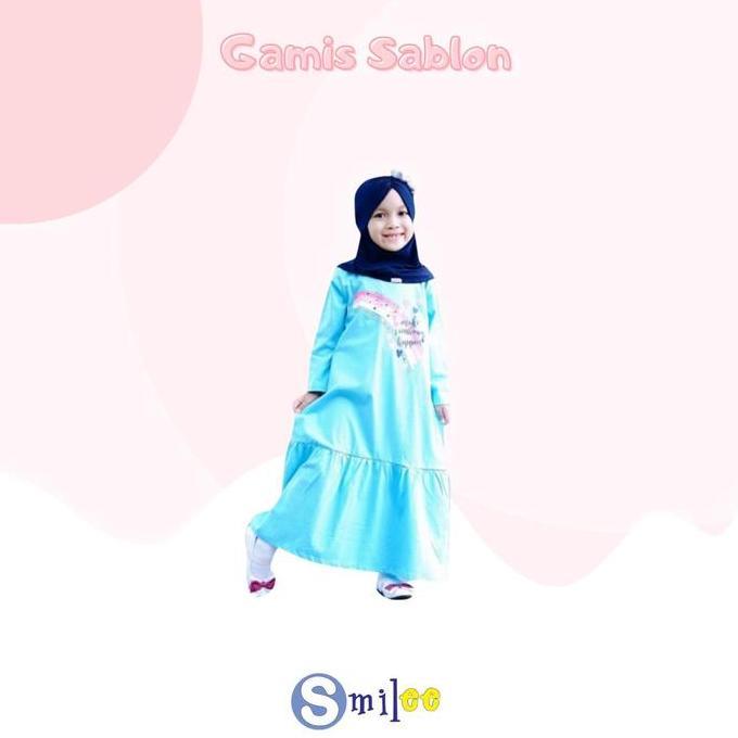Gamis Kaos Anak Aplikasi Sablon Warna Biru Muda Baju Kerudung