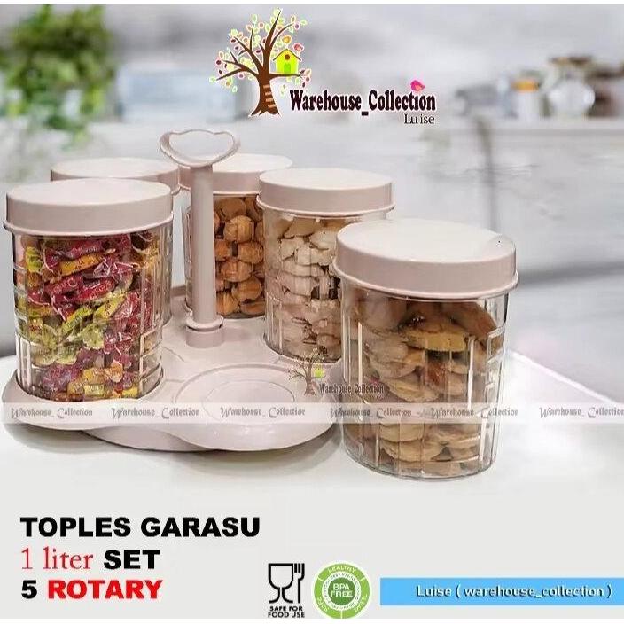 Toples Set-5 //Set-6 Toples Garasu 1 Liter Rotary Nampan Putar Plastik Akrilik // Toples Putar Lebar