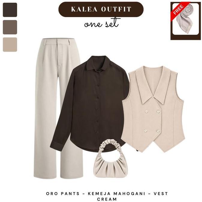 PROMO / One Set Remaja Kekinian (Evi Vest, Kemeja Coklat, Oro Pants) Setelan Outfit Hangout Wanita -